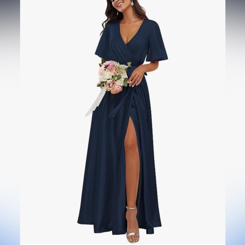 Formal Navy blue satin wrap dress NWT